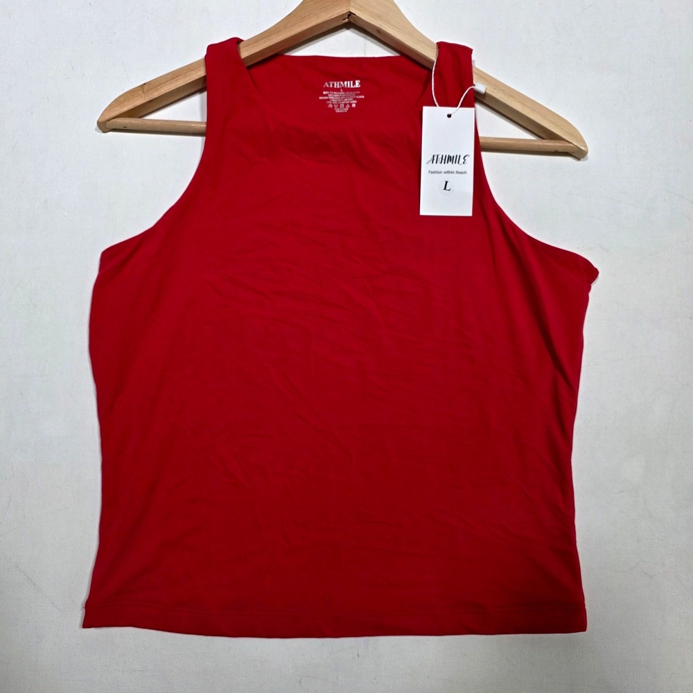ATHMILE Tank Top Womens Large Red Sleeveless High Neck Activewear Stretch Shirt